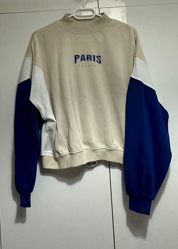 H&M Paris Yazili Ekru Renk Bloklu Sweatshirt