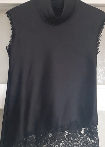 Siyah Drape Dantelli Yüksek Yakalı Hamile Bluz - Görsel 2