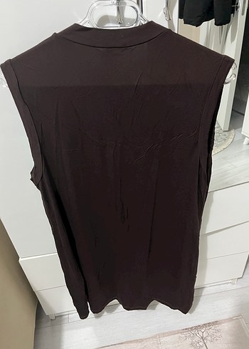 Kahverengi Keten Kadın Kolsuz Midi Yelek - Görsel 2