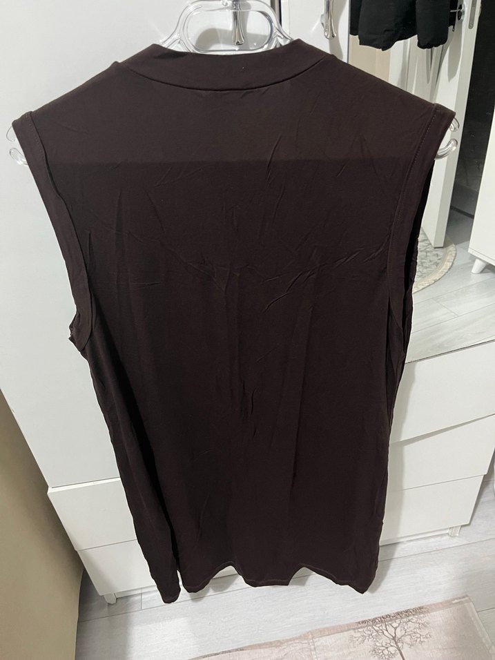 Kahverengi Keten Kadın Kolsuz Midi Yelek - Görsel 2