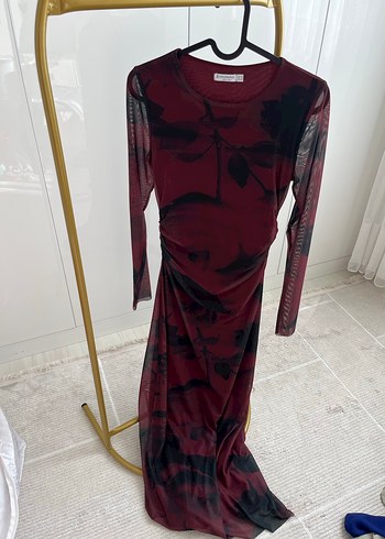 Bordo Drapeli Uzun Kadın Elbise - Görsel 2