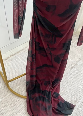 Bordo Drapeli Uzun Kadın Elbise - Görsel 3