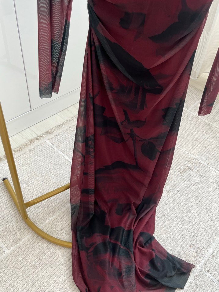 Bordo Drapeli Uzun Kadın Elbise - Görsel 3