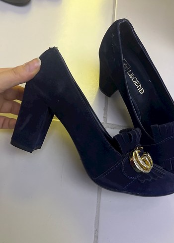 Koyu Mavi Süet Tokalı Klasik Topuklu Ayakkabı - Görsel 2