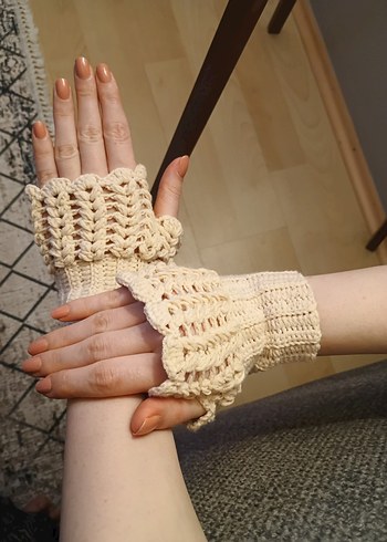 Vintage Ekru El Örgüsü Bohem Eldiven - Görsel 2