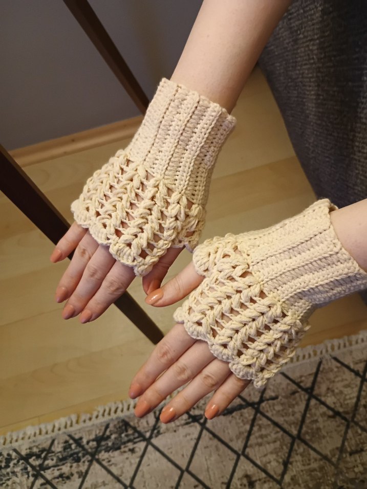 Vintage Ekru El Örgüsü Bohem Eldiven - Görsel 3