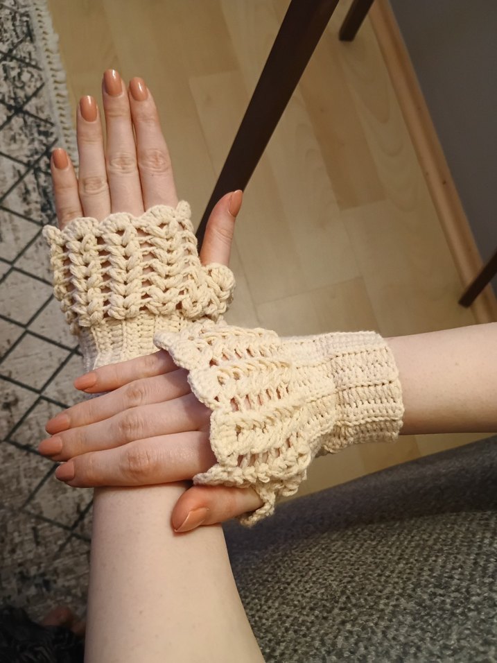Vintage Ekru El Örgüsü Bohem Eldiven - Görsel 2
