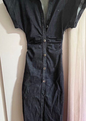 Zara Düğmeli Lacivert Uzun Denim Elbise