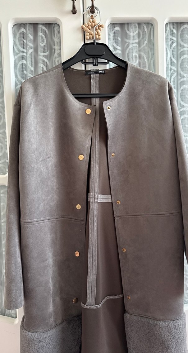 Gri Uzun Kadın Süet Kaban - Görsel 2