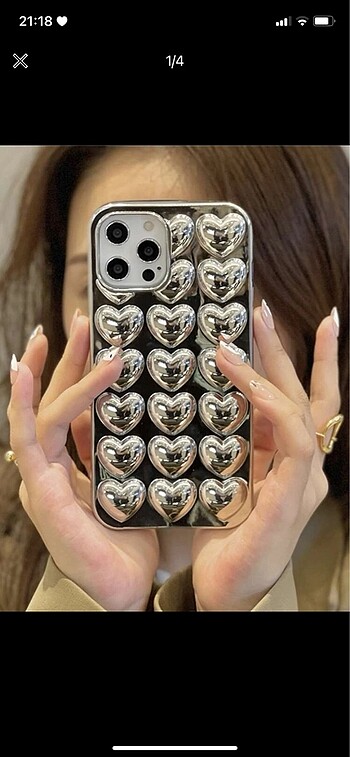 Gümüş Metalik 3D Kalpli Iphone Kılıf