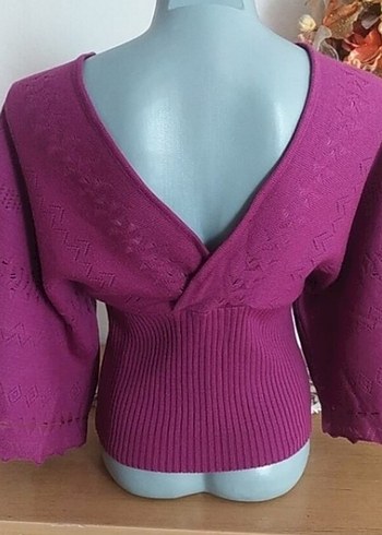 Mor V Yakalı Kısa Örgü Kadın Kazak - Görsel 3