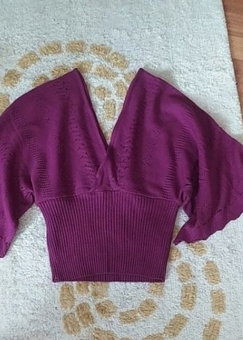 Mor V Yakalı Kısa Örgü Kadın Kazak - Görsel 2
