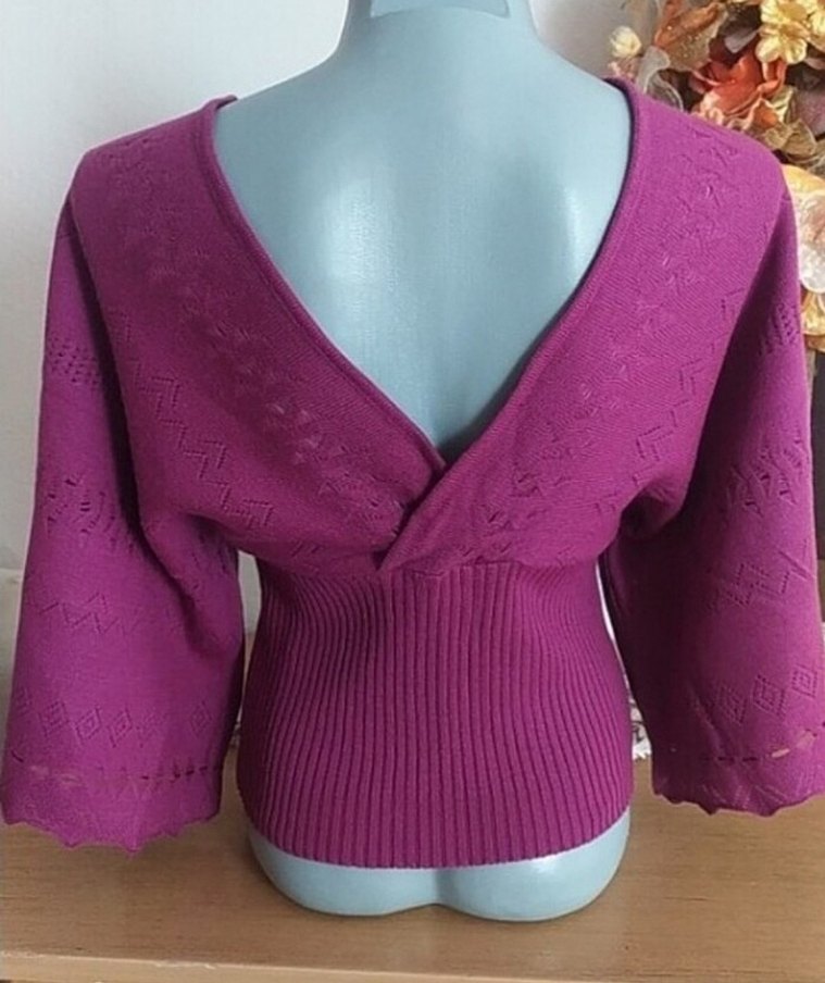 Mor V Yakalı Kısa Örgü Kadın Kazak - Görsel 3