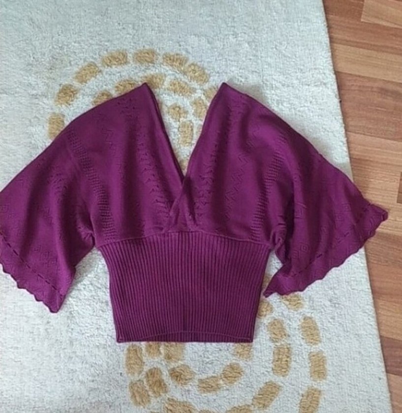 Mor V Yakalı Kısa Örgü Kadın Kazak - Görsel 2