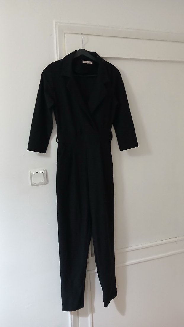 Siyah Keten Kadın Midi Tulum - Görsel 2