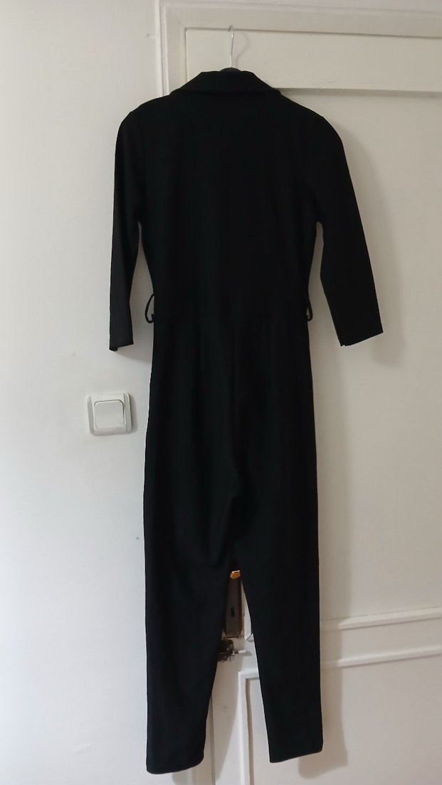 Siyah Keten Kadın Midi Tulum - Görsel 5