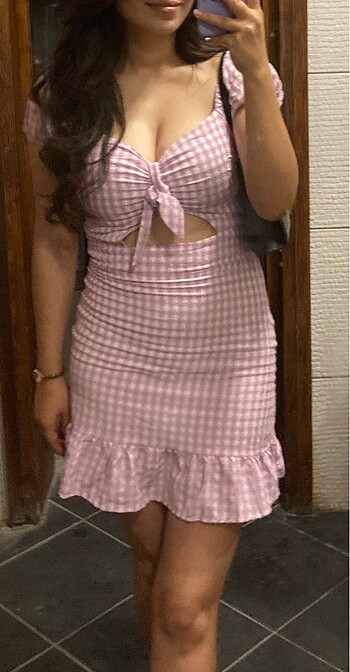 pembe ekoseli mini elbise