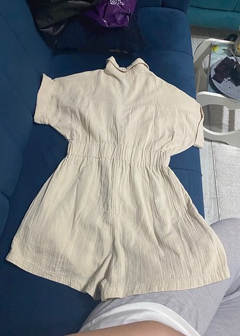 l Beden sarı Renk Krem rengi Keten V Yaka Düğmeli Kadın Tulum