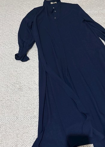 s Beden lacivert Renk Düğmeli Lacivert Uzun Keten Elbise tunik