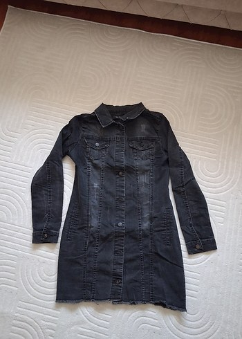 2K Koyu Gri Denim Gomlek Elbise