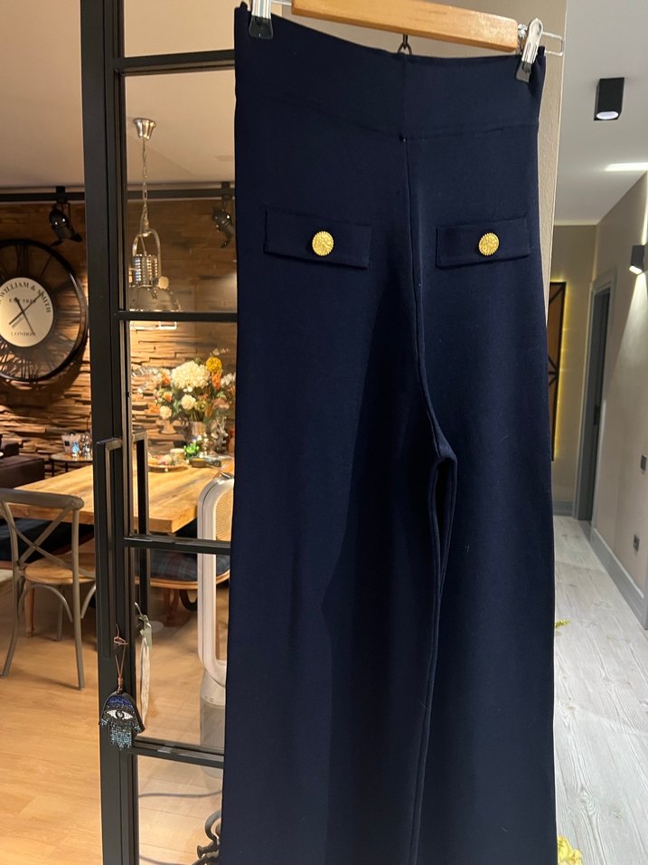 Düğmeli Lacivert Triko Kadın Pantolon - Görsel 3