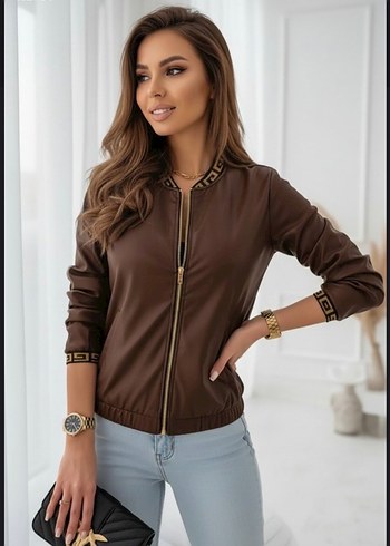Kadın Kahverengi Deri Fermuarlı Ceket - Görsel 3