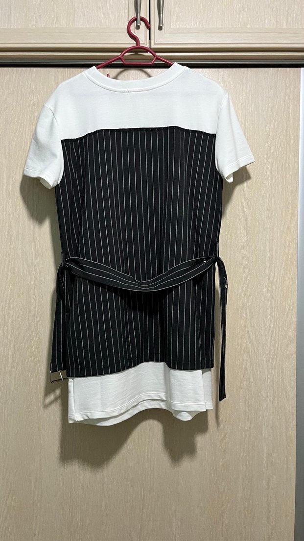 Kemerli Siyah Çizgili Midi Elbise - Görsel 2