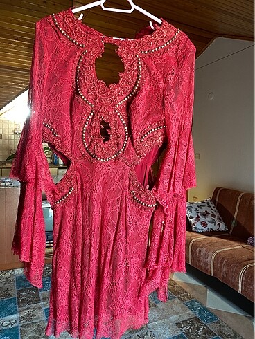 36 Beden bordo Renk Bordo dantel detay elbise