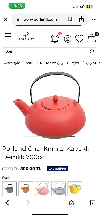 Porland chai kırmızı demlik 700 cc