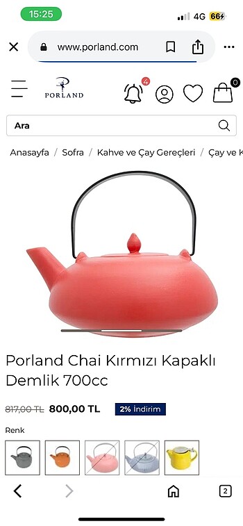 Porland Porland chai kırmızı demlik 700 cc