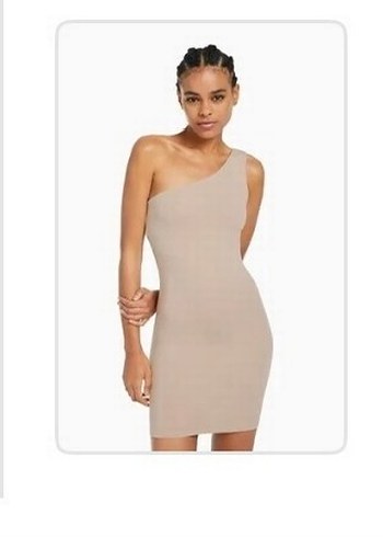 BERSHKA Bej Tek Omuzlu Mini Elbise