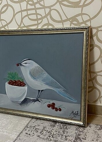 Beden çeşitli Renk Kuş Desenli Yağlıboya Tablo İMZALI