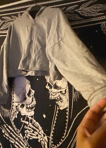 l Beden Gri Kapüşonlu Crop Fermuarlı Kadın Sweatshirt