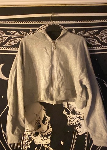 Gri Kapüşonlu Crop Fermuarlı Kadın Sweatshirt