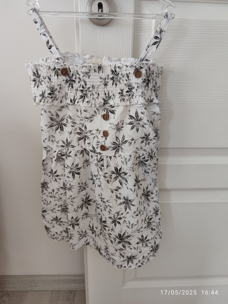 Düğmeli, Askılı, Bohem Desenli Keten Bluz - Görsel 3