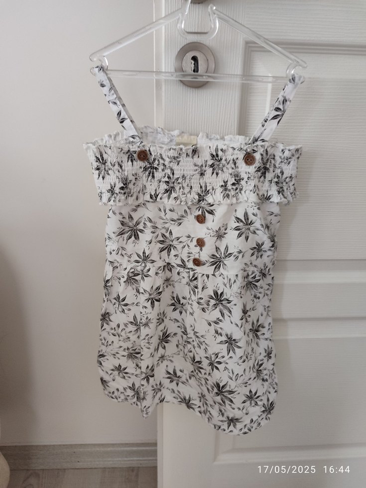 Düğmeli, Askılı, Bohem Desenli Keten Bluz - Görsel 2