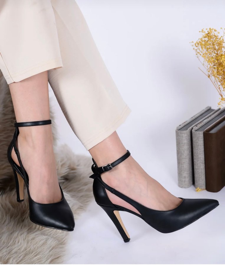 Siyah Deri Tokalı Stiletto - Görsel 3