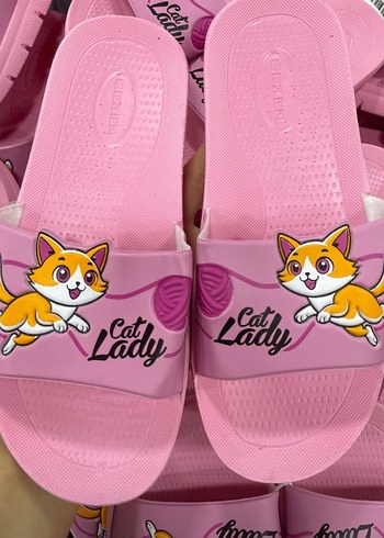 Pembe Kız Çocuk Terlikleri - Cat Lady Baskılı