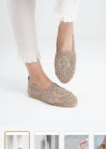 Bej Nakışlı hasır Bohem Dolgu Topuklu babet - Görsel 2