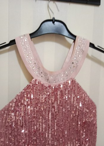 Pembe Payetli Uzun Abiye Elbise - Görsel 5