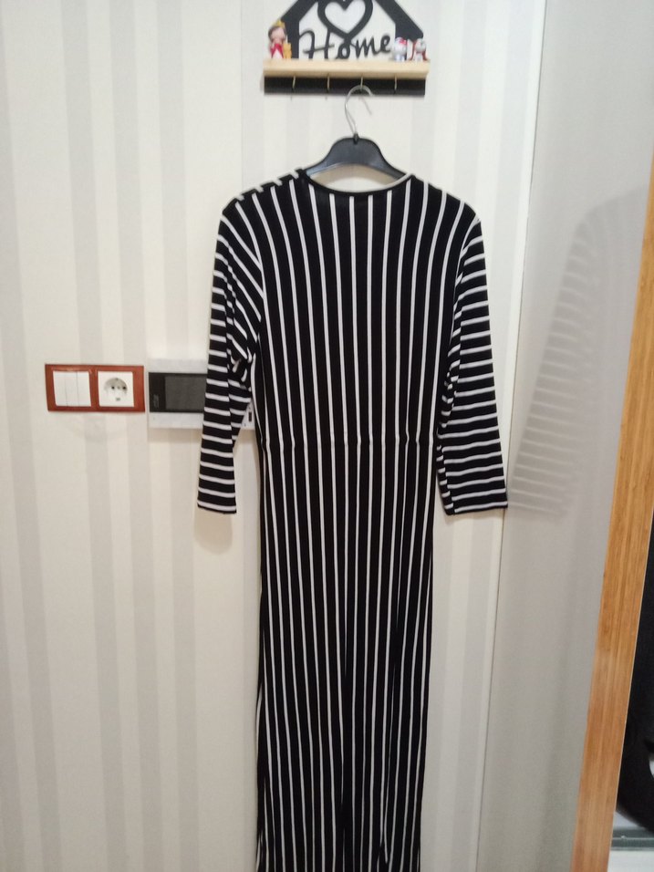 Kadın XL çizgili bel büzmeli rahat elbise - Görsel 3