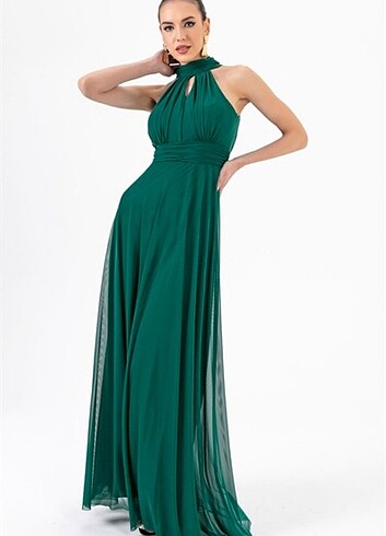 36 Beden yeşil Renk Yeşil boyundan bağlamalı abiye elbise