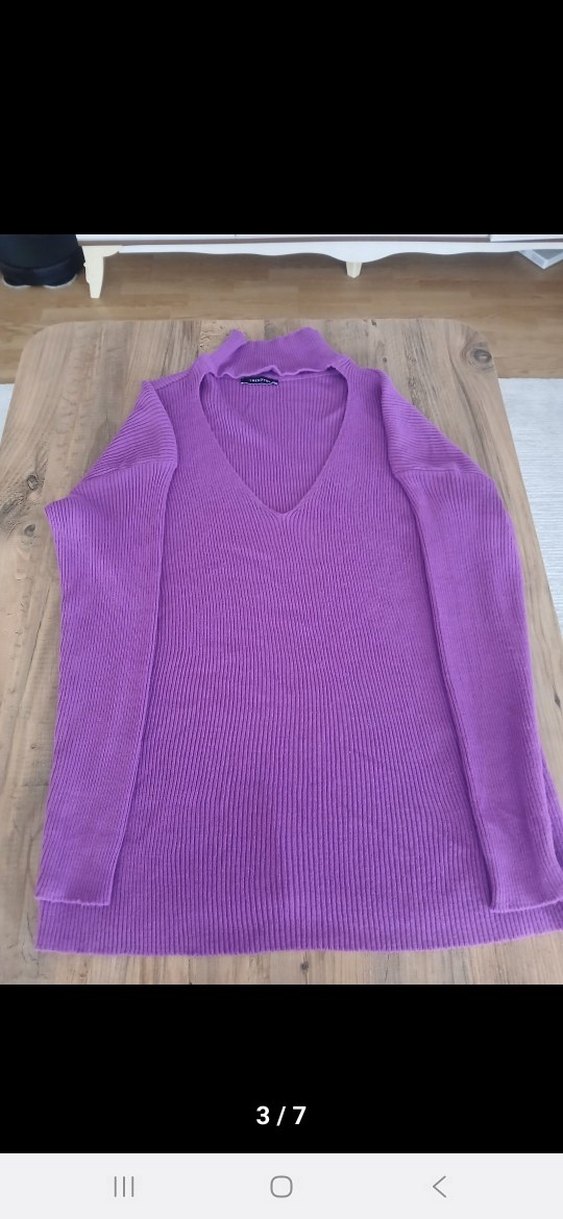 Mor Yüksek Yakalı Uzun Kollu Triko Kazak - Görsel 3