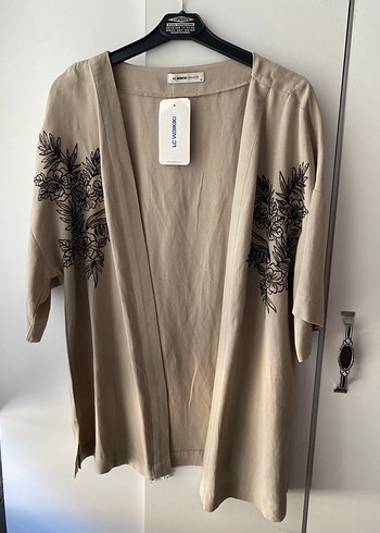 Bej Baskılı Keten Bohem Kimono