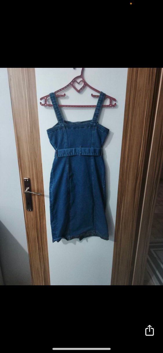 Lacivert Kadın Denim Mini Askılı Elbise - Görsel 2