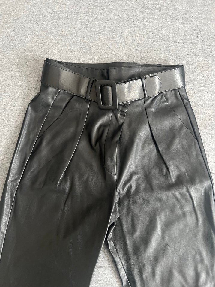 Kemerli Siyah Deri Kadın Pantolon - Görsel 2