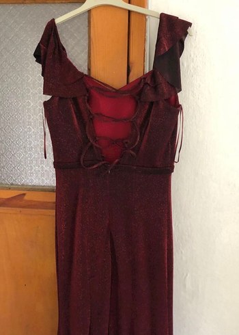 m Beden bordo Renk Kadın Bordo Parlak Volanlı Elbise