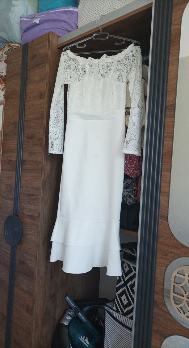 Dantel Detaylı Midi Beyaz Balık Gelinlik - Görsel 4