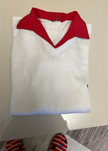 Bayan Yaka Beyaz Pamuklu Kazak - Görsel 3