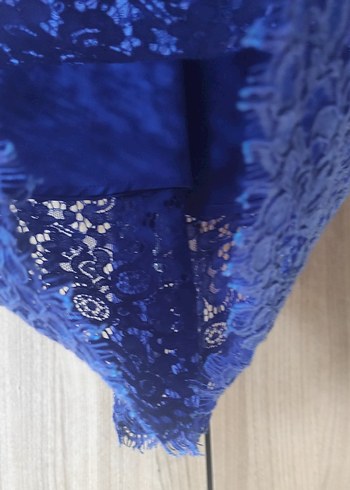 Lacivert Dantel Midi Yüksek Yaka Elbise - Görsel 3